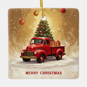 Vintage roter LKW mit Weihnachtsbaum und Geschenke Keramikornament