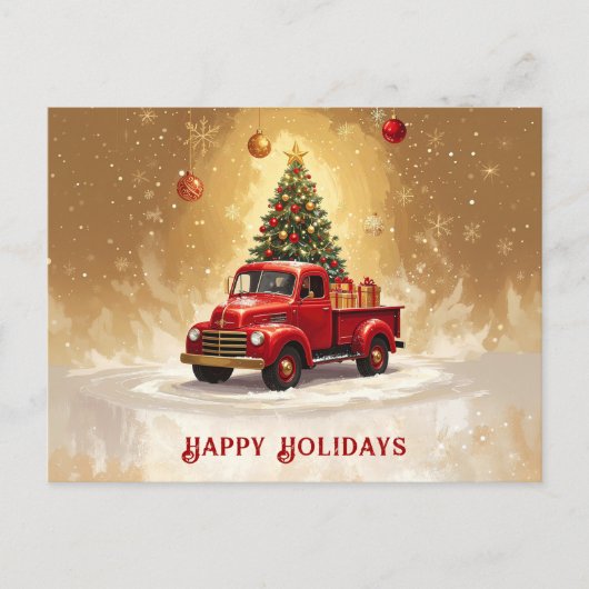Vintage roter LKW mit Weihnachtsbaum und Geschenke Postkarte (Vorderseite)