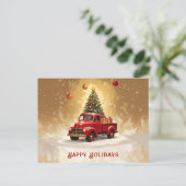 Vintage roter LKW mit Weihnachtsbaum und Geschenke Postkarte (Stehend Vorderseite)