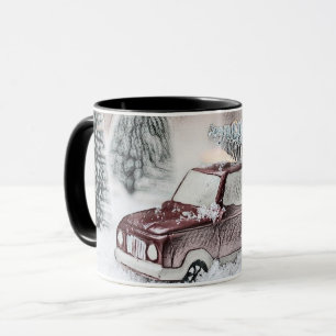 Vintage roter LKW mit Weihnachtsbaum Zeichnung Tasse
