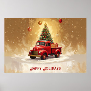 Vintage roter LKW mit Weihnachtsbaumplakat Poster