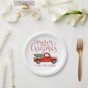 Vintage roter LKW personalisierte Weihnachtsfeier Pappteller