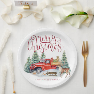 Vintage roter LKW Persönlicher Familienweihnacht Pappteller