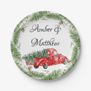 Vintage roter LKW Schnee Weihnachten Hochzeit Papi Pappteller