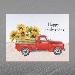 Vintage roter LKW Sonnenblumen Thanksgiving Feiertagspostkarte