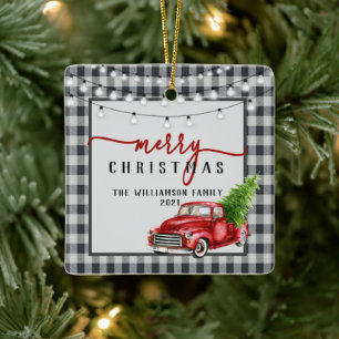 Vintage roter LKW und Baum Froher Familienname Keramikornament