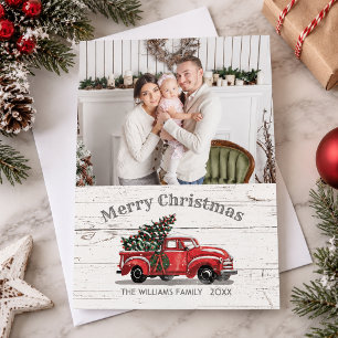 Vintage roter LKW Weihnachtsbaum Foto Rustikal Feiertagskarte
