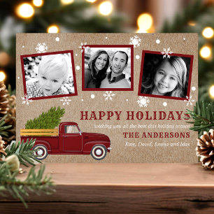 Vintage roter LKW Weihnachtsbaum Schnee Retro Foto Feiertagskarte