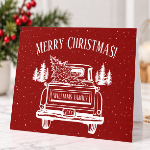 Vintage roter LKW weiße Umrandung Schnee Weihnacht Feiertagskarte