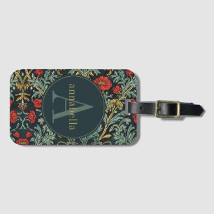 Vintage roter Mohnblumen-William-Morris-Monogramm Gepäckanhänger