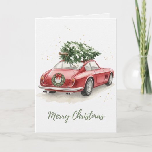 Vintage roter Oldtimer mit Weihnachtsbaum Karte (Vorderseite)