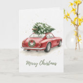 Vintage roter Oldtimer mit Weihnachtsbaum Karte (Gelbe Blume)