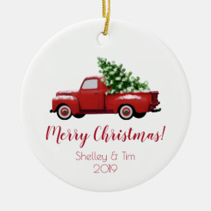 Vintage roter Pick-up-Truck   Frohe Weihnachten Keramik Ornament