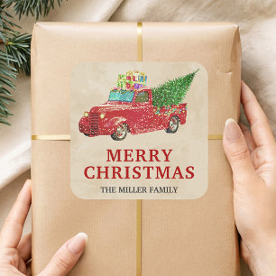 Vintage roter Pickup-Truck Weihnachten Quadratischer Aufkleber