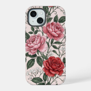 Vintage roter Rosen- und rosa Pfingstrosen-Blumenh iPhone 15 Hülle