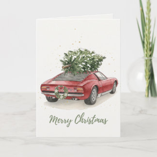 Vintage roter Sportwagen mit Weihnachtsbaumkarte Karte