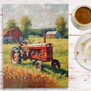 Vintage roter Traktor Farm Retro Landschaft Rustik Puzzle