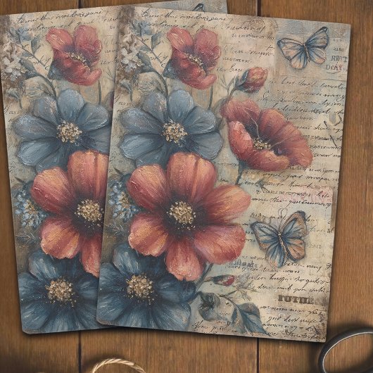 Vintage roter und blauer Mohnstrauß-Decoupage Seidenpapier