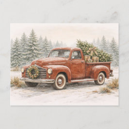 Vintage roter Wasserfarben-Weihnachts-LKW mit Baum Feiertagspostkarte