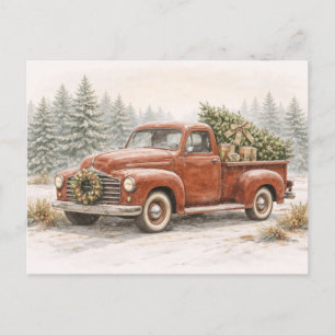 Vintage roter Wasserfarben-Weihnachts-LKW mit Baum Feiertagspostkarte
