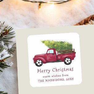 Vintage roter Wasserfarben-Weihnachts-LKW Quadratischer Aufkleber