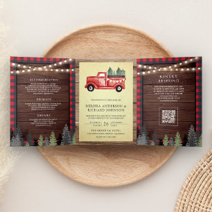Vintage roter Weihnachts-Lieferwagen Holz QR-Code Dreifach Gefaltete Einladung