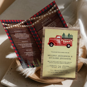 Vintage roter Weihnachts-Lieferwagen Holz QR-Code Einladung