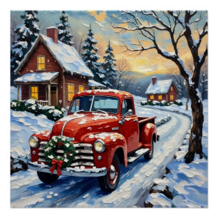 Vintage roter Weihnachts-LKW auf verschneiter Land Poster
