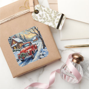 Vintage roter Weihnachts-LKW auf verschneiter Land Quadratischer Aufkleber