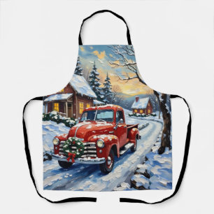 Vintage roter Weihnachts-LKW auf verschneiter Land Schürze