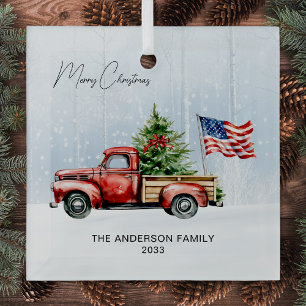 Vintage roter Weihnachts-LKW Farmhouse USA-Flagge Ornament Aus Glas