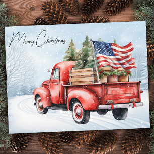 Vintage roter Weihnachts-LKW USA-Flagge Patriotisc Feiertagspostkarte