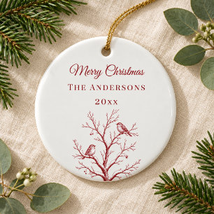 Vintage roter Weihnachts-Toile-Baum Vögel Winter Keramik Ornament