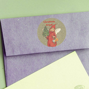 Vintage roter Weihnachtsengel-Baum Runder Aufkleber