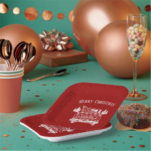Vintage roter weißer LKW Frohe Weihnachten Pappteller