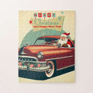 Vintage rotes Auto & Weihnachtsmann Puzzle