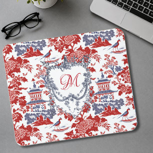 Vintage Rotes Blaues Französisches Chinoiserie-Mon Mousepad