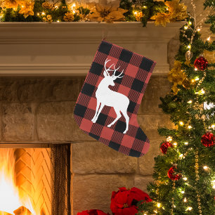 Vintage rotes Büffel-Karo & Hirsch  Großer Weihnachtsstrumpf