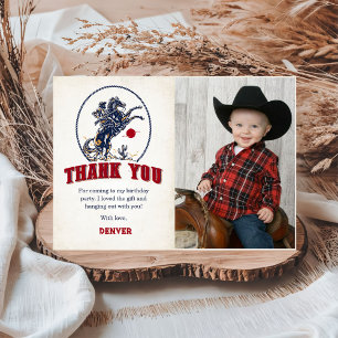 Vintage rotes Cowboy-Rodeo-Geburtstagsfoto Dankeskarte