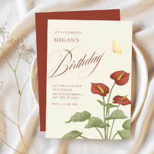 Vintage rotes florales botanisches Geburtstags- Einladung