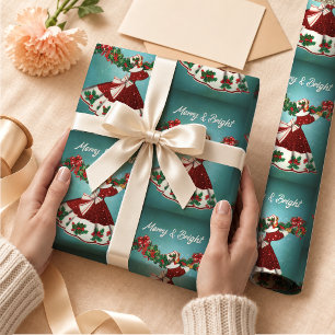 Vintage rotes Glitter Retro-Feiertagsmädchen Geschenkpapier