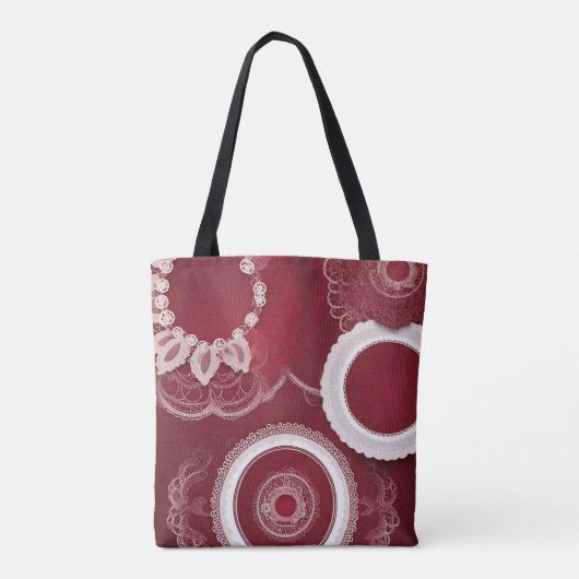 Vintage rotes Häkeldeckchen- und Spitzen-Collage-K Tasche (Rückseite)