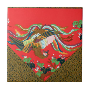Vintage Rotes Japanisches Phönix-Vogel-Kunstwerk G Fliese