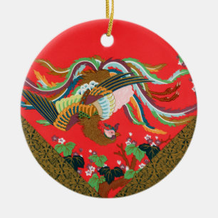 Vintage Rotes Japanisches Phönix-Vogel-Kunstwerk G Keramik Ornament