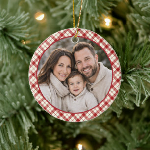 Vintage rotes Karo-Weihnachten Keramik Ornament