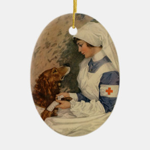 Vintage rotes Kreuz-Krankenschwester mit goldenem Keramik Ornament
