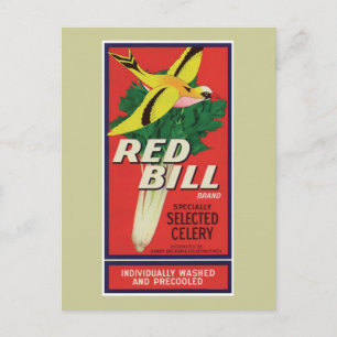Vintage rotes Sellerie-Etikett von Bill Postkarte