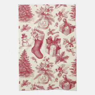 Vintage rotes Toile-Christmarmuster mit Strümpfen Geschirrtuch
