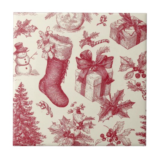 Vintage rotes Toile-Christmismuster mit Strümpfen Fliese (Vorderseite)