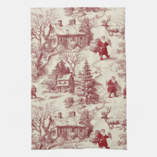 Vintage rotes Toile-de-Jouy-Christmasdorf - Santa Geschirrtuch